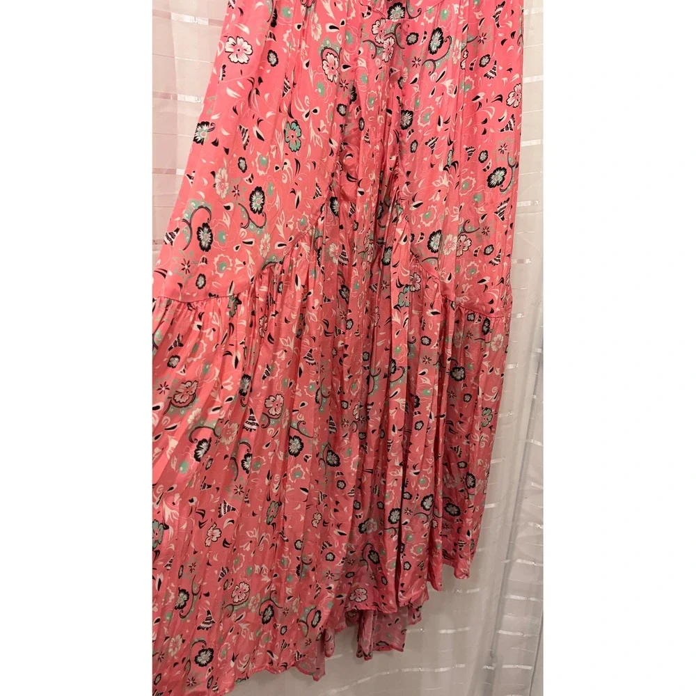 Mimi Liberte Michel Klein Pink Floral Silk Maxi Skirt Smocked Tiered Size 36 NEW